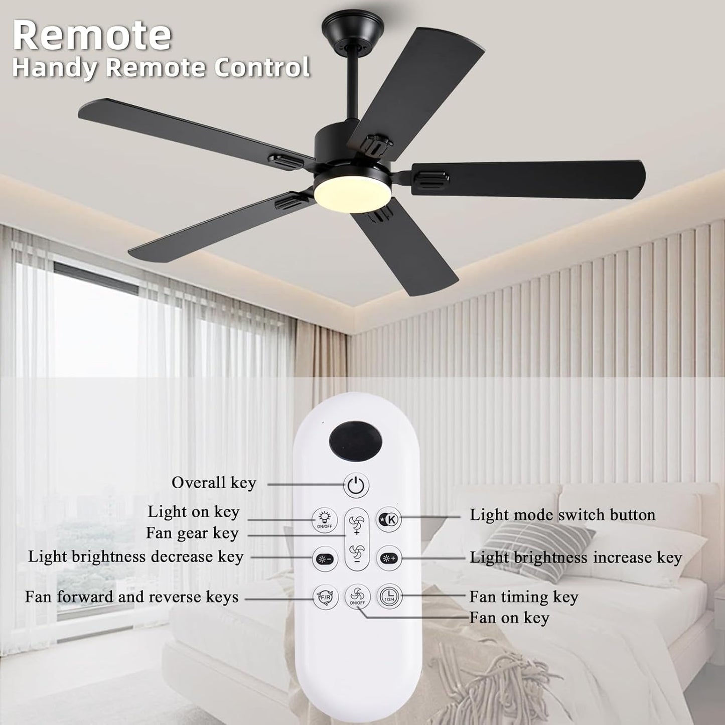 56 inch Black Ceiling Fans with Lights and Remote/App Control, DC Reversible Motor, Noiseless, Dimmable, 6 Speeds Low Profile Modern Ceiling Fan for Livingroom, Indoor/Outdoor Use