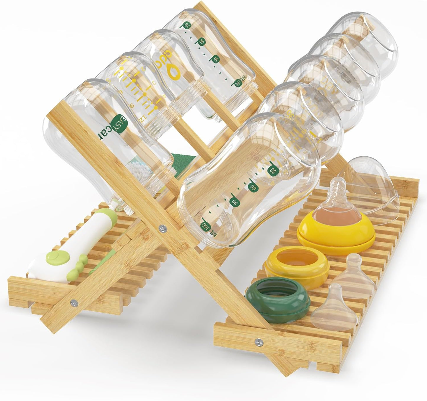 EsLuker.ly Baby Bottle Drying Rack, Bamboo Vertical Dryer Holder Organizer for Kitchen Countertop, Space Saving Foldable Baby Glass Milk Bottle Drain Storage Shelf for New Parents Family, No Assembly