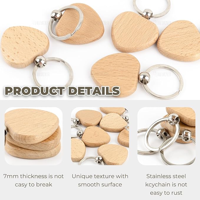 AUEAR, Blank Wooden Key Chain Wood Keychain Key Ring Key Tags Personalized EDC