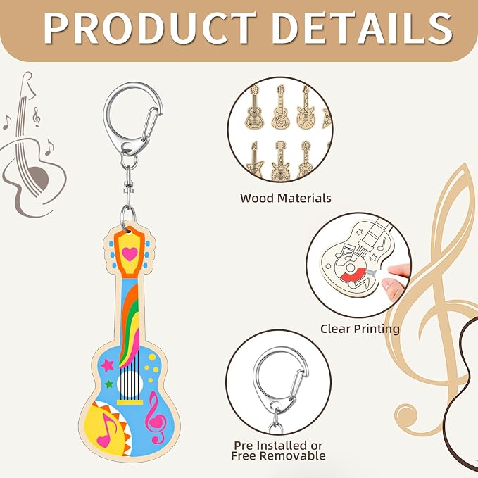 RattanView 24 Pcs Guitar Craft Color Your Own Keychains DIY Craft Wooden Blank