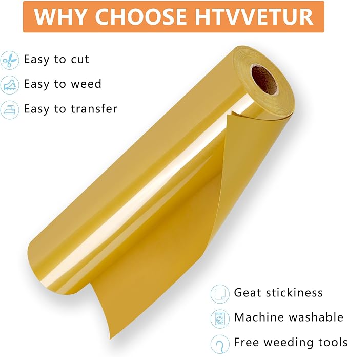 HTVVETUR Gold HTV Iron on Vinyl 12Inch by 35ft Heat Transfer Vinyl
