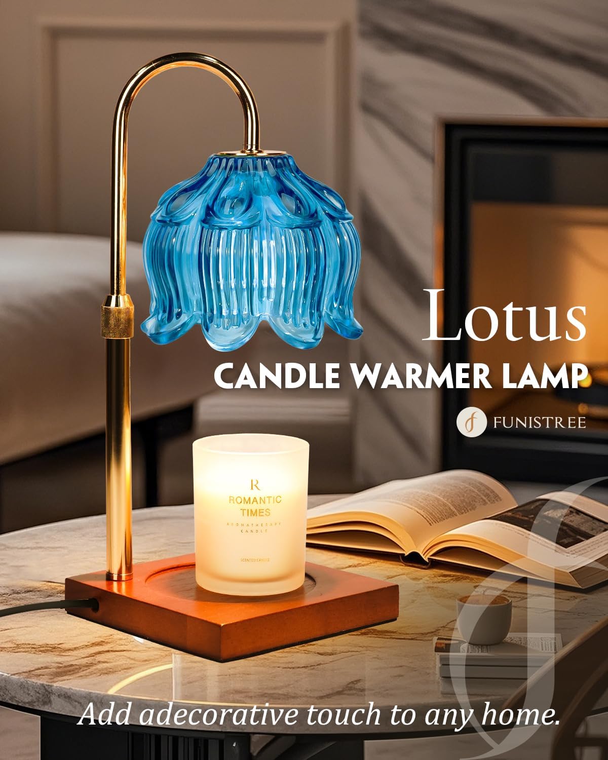 Blue Candle Warmer Lamp with Timer Dimmable, Adjustable Height Gifts for Women Mom Birthday Christmas, House Warming Gifts New Home Bedroom Decor, Lotus Flower Candle Lamp Warmer for Jar Candle