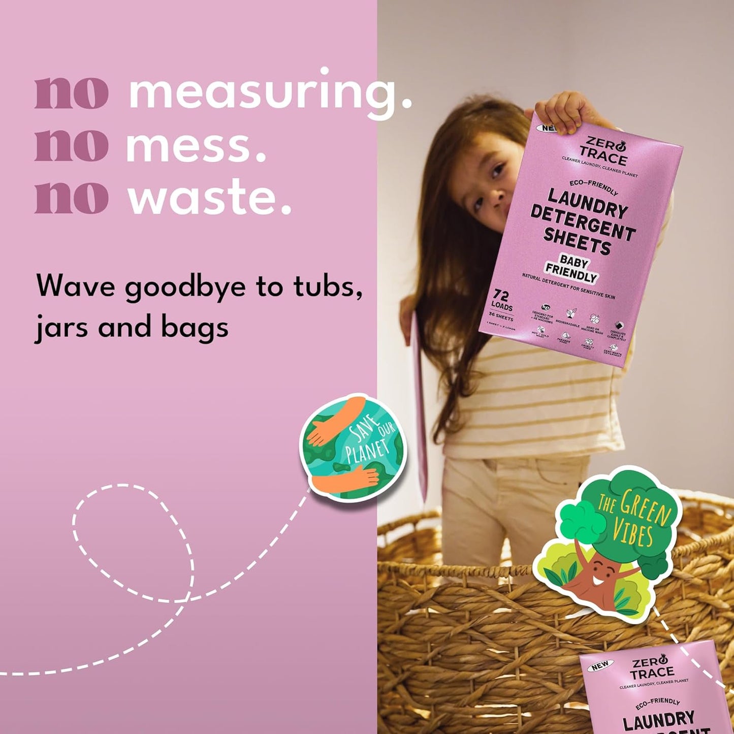 ZERO TRACE Baby Friendly Laundry Detergent Sheets, 72 Loads - Eco Friendly, All Natural, Hypoallergenic, Biodegradable - Sheet Laundry Soap for Sensitive Skin