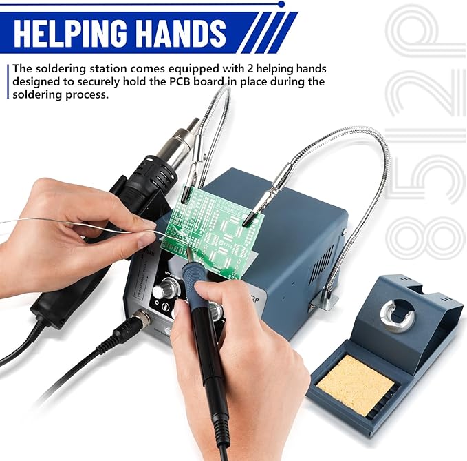 HengTianMei 720W Hot Air Soldering Station 2-IN-1 SMD Soldering Iron Station with 2 Helping Hands, 3 Soldering Tips, 5 Nozzles, Sleep Mode, Fast Heating, 392℉-932℉, for Electronics PCB Repair（8512P）