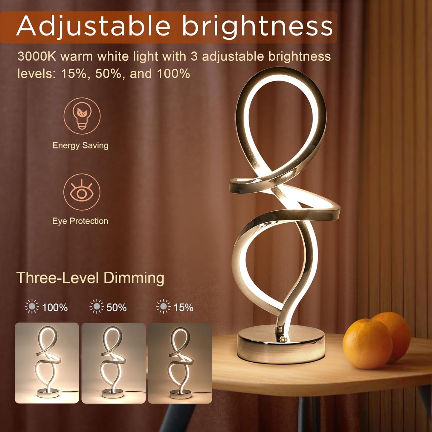 Mayful Modern RGB Table Lamp with LED Spiral Design, Silver Bedside Lamp & Nightstand Lamp, Touch Dimmable with 7 Colors & 10 Modes for Bedroom, Living Room, Home Office, 15W