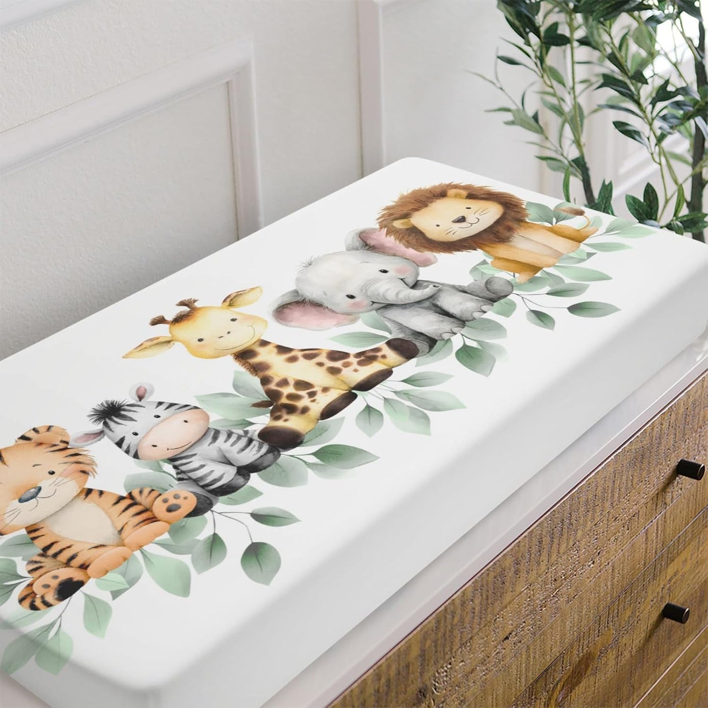 HawSkgFub Safari Jungle Baby Animal Leaf Changing Pad Cover, Natural Elephant Giraffe Zebra Lion Tiger Diaper Change Table Covers, Soft Stretchy Safe Snug Fitted Changing Mat Sheets Fit 32"/34" x 16"