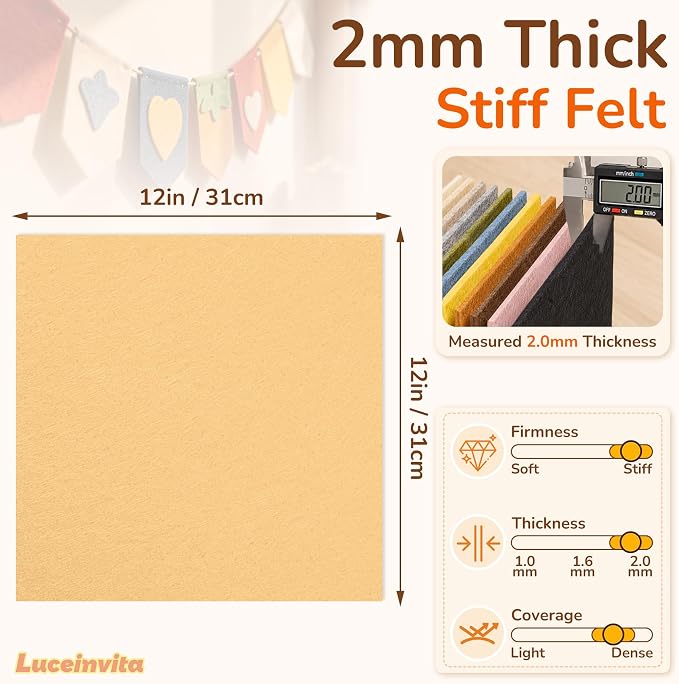 2mm Stiff Felt Sheets 12" X 12" | Thick Polyester Felt Material, DIY Craft