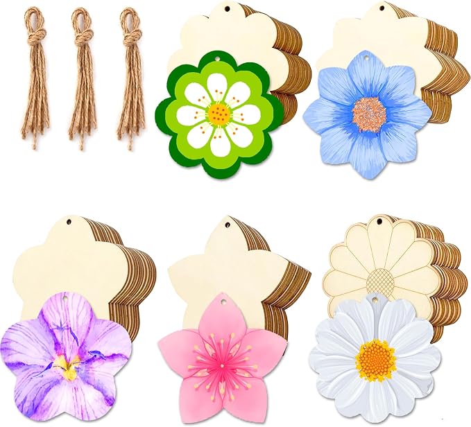 Flower 30pc 5Types Unfinished Wooden Gift Ornaments DIY Craft Birthday Present