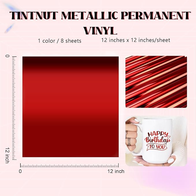 Tintnut Holographic Permanent Vinyl 8 Sheets 12x12in Red Adhesive Vinyl | Solid