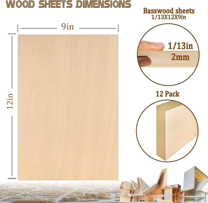 12 Pack Basswood Sheets 9"x12"x1/13, 2mm Basswood