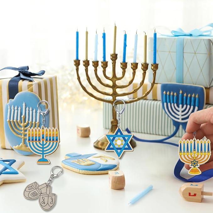 RattanView 24 Pcs Hanukkah Craft Color Your Own Keychains DIY Craft Wooden