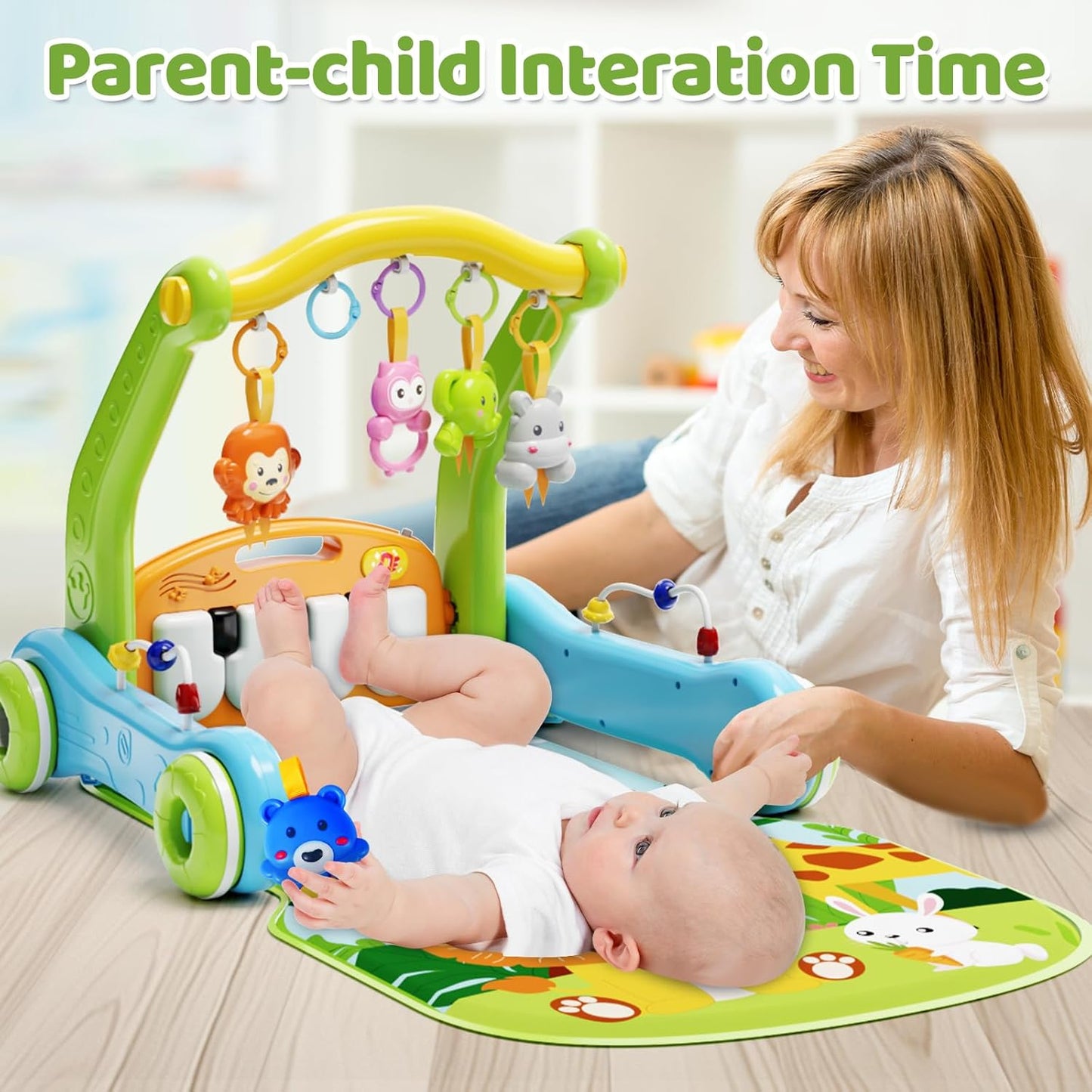 Baby Gym Play Mat with Walker, 2 IN 1 Kick and Play Piano Activity Center with Light & Music, Tummy Time Mat & Baby Push Toys for 0-6 12-18 Months, Sit-to-Stand Learning Walker for Infant Toddler Gift