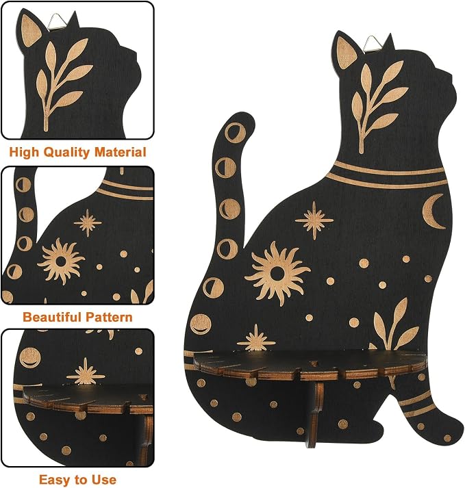 2 pcs 2 Styles Black Cat Theme Wooden Display Shelf Gothic Animal Floating