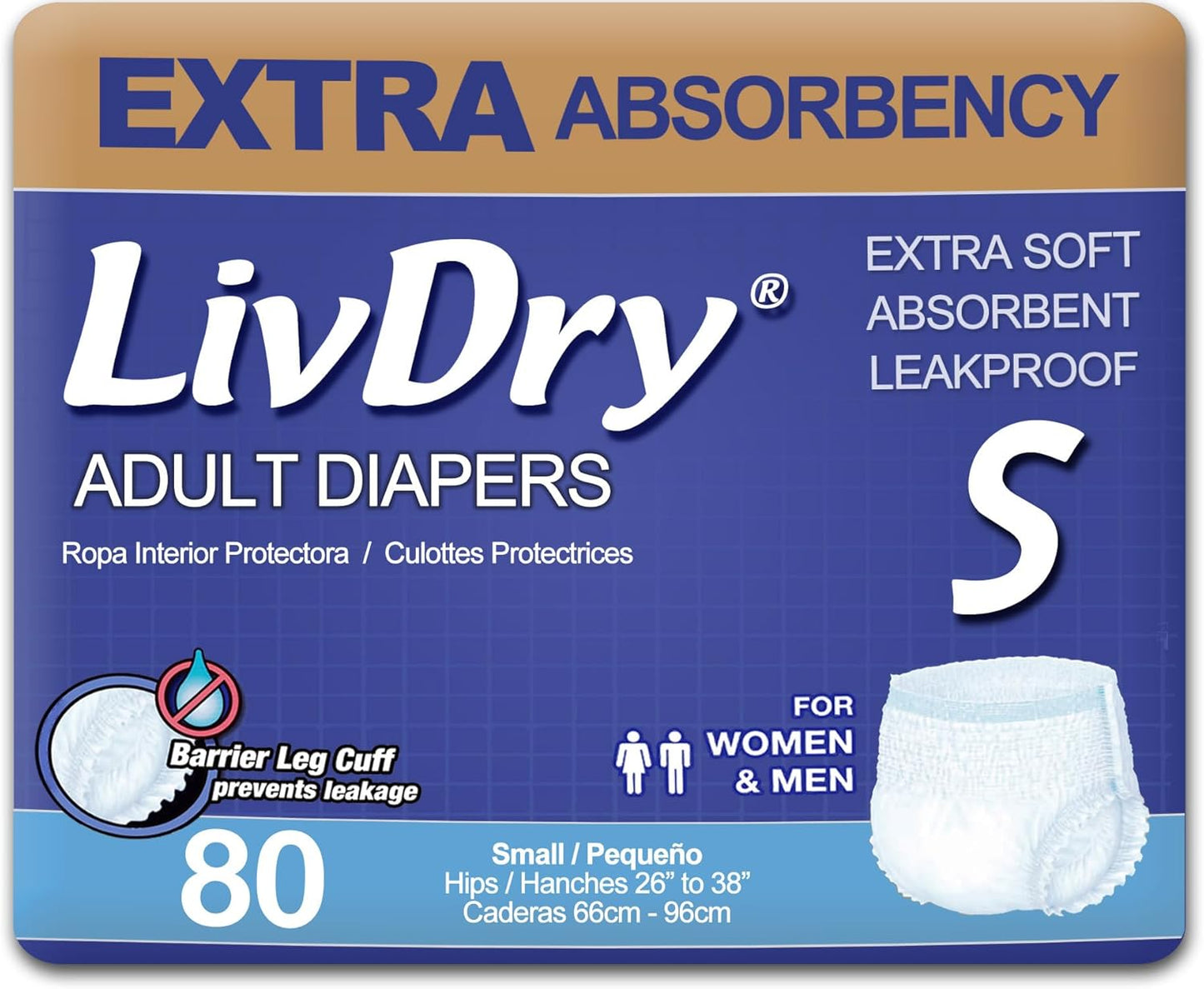 LivDry Adult Incontinence Underwear, Extra Absorbency Adult Diapers, Leak Protection, Small, 80-Pack