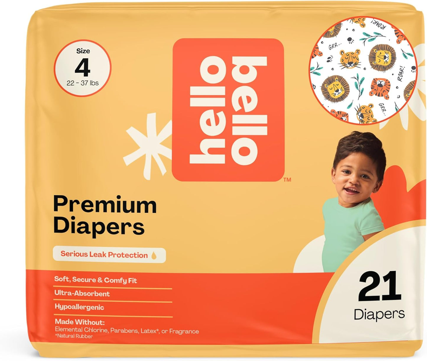 Hello Bello Diapers, Size 4 (22-37 lbs) Wild Cats, 21 Count of Premium Disposable Baby Diapers, Hypoallergenic with Soft, Cloth-Like Feel