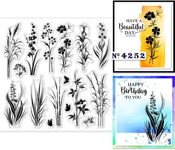 GLOBLELAND Plants Silhouettes Clear Stamps 5.91x5.91 inch Wildflowers Grass