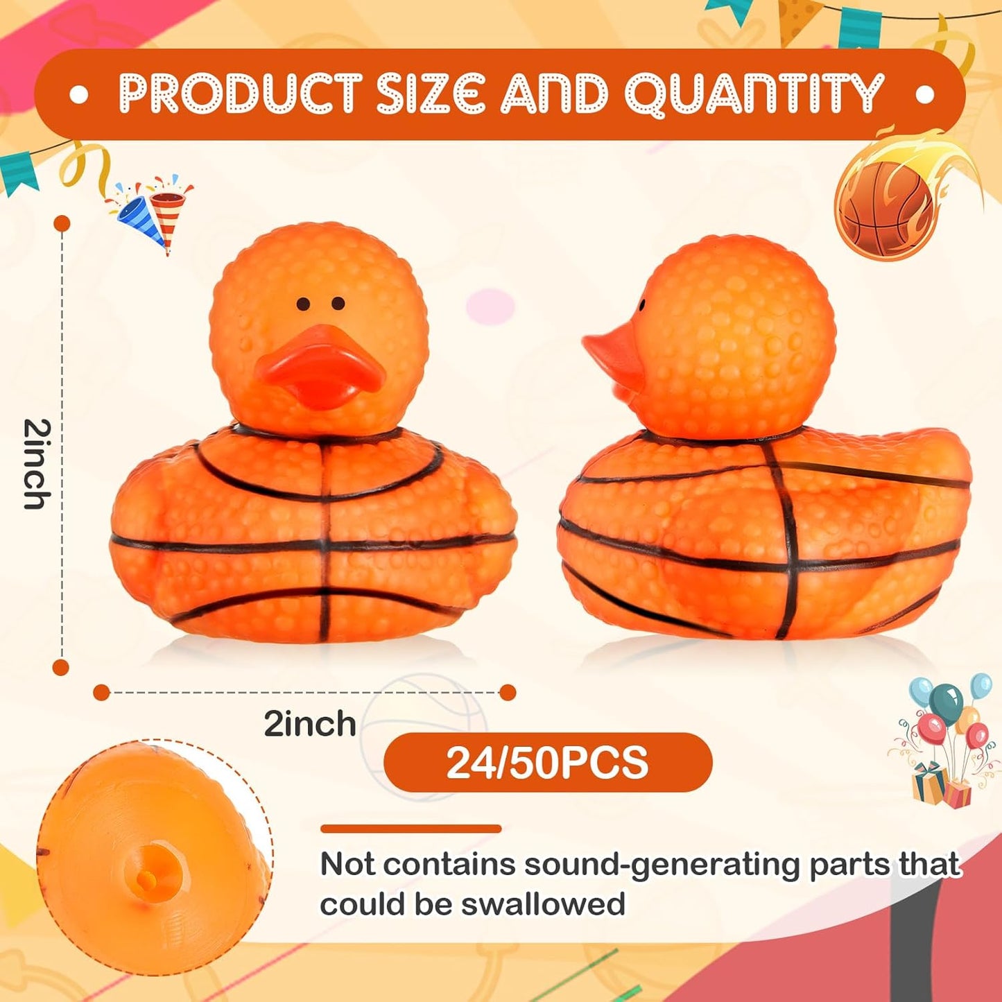 Deekin 24 Pcs Rubber Duck 2 Inch Bulk Sport Party Favors for Birthday Party Decorations Club Player Gift (Basketball)