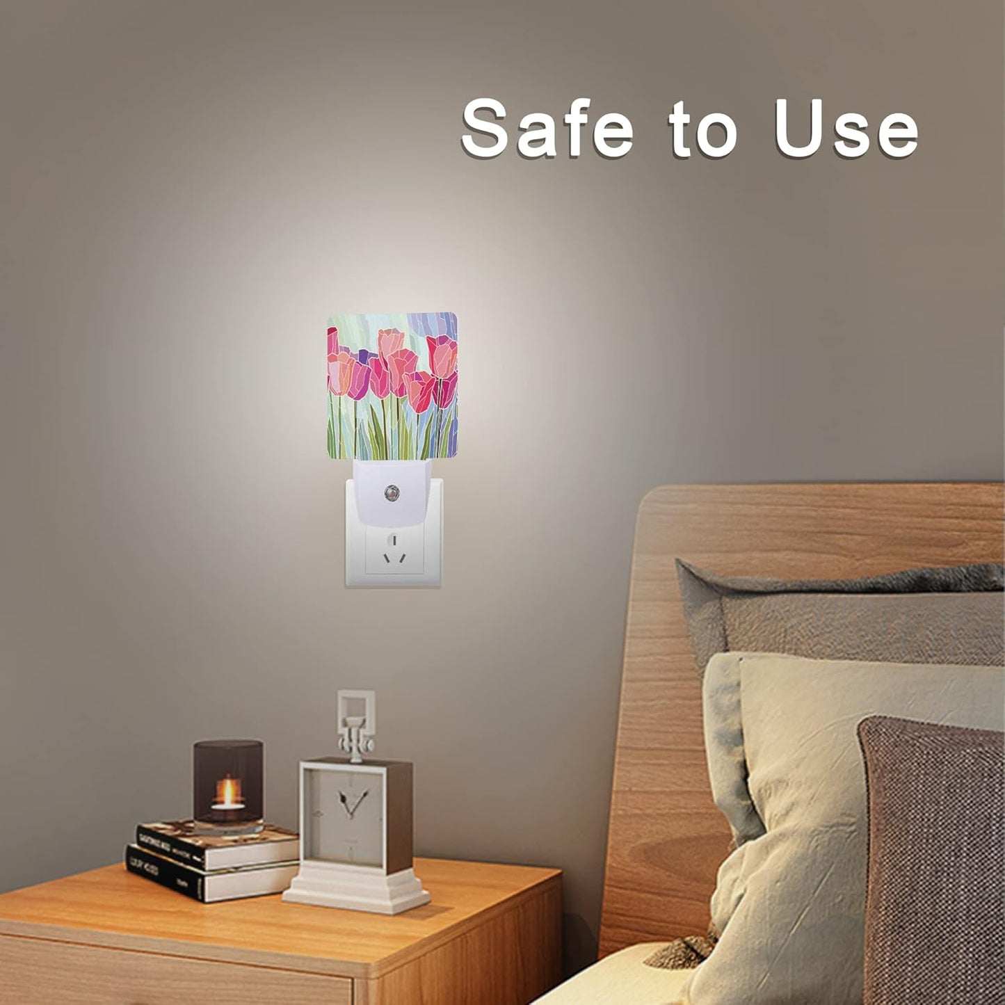 Pink Tulip Flowers Night Light Plug-in LED Nightlights Auto Sensor Night Lamp Dusk-to-Dawn Lamp Home Decor for Nursery Children Girls Boys