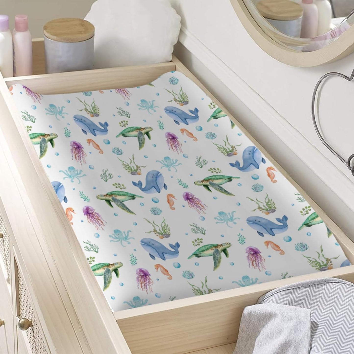 Colorful Sea Animals Changing Pad Cover Turtle Whale Jellyfish Sea Horse Weeds Sealife Diaper Change Table Sheets for Boys Girls Soft Stretch Changing Pad Mats Covers 32''x16''