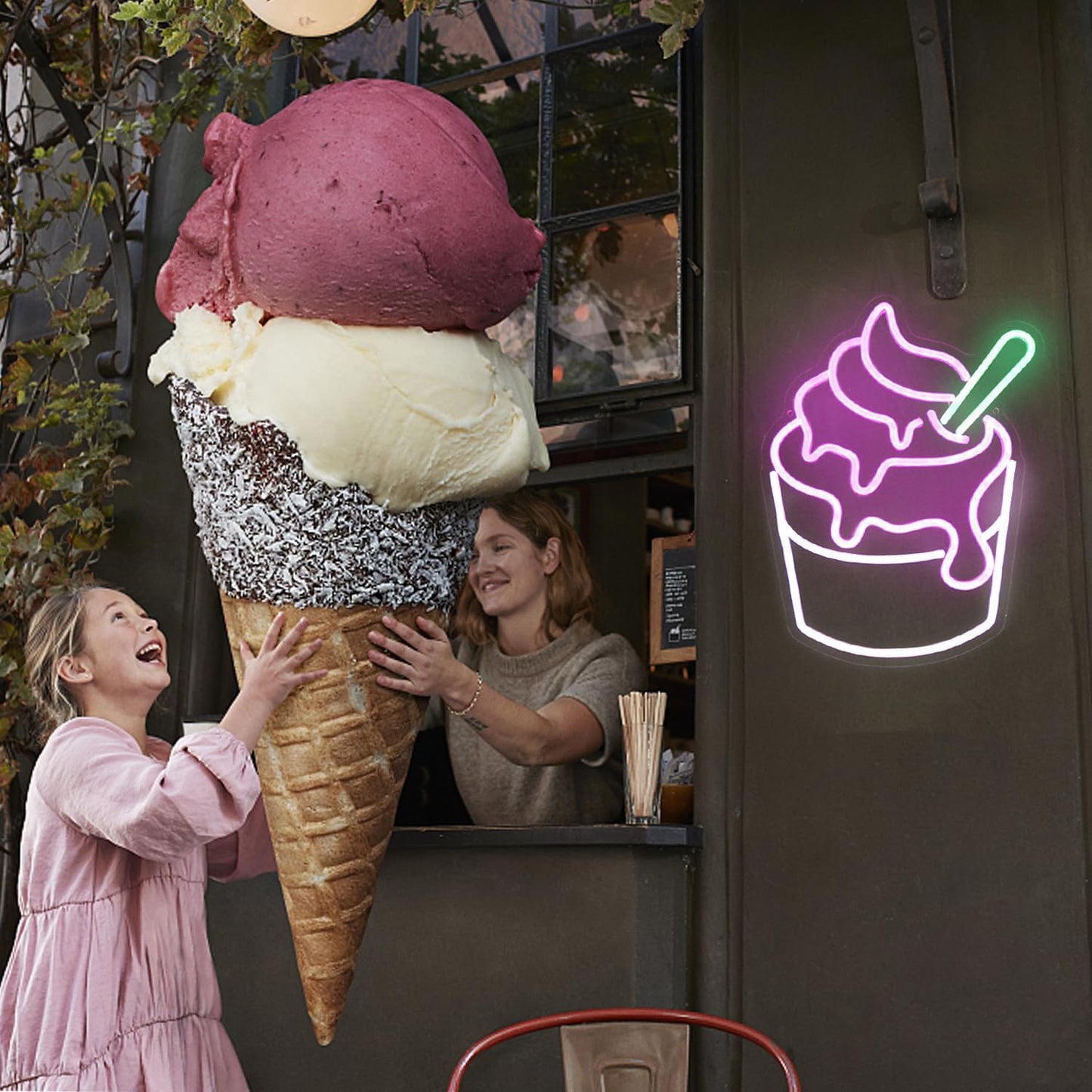 Ice Cream Neon Sign Pink White Sundae LED Neon Lights Signs Cupcake Neon Signs for Business Wall Decor Melting Ice Cream LED Signs for Bedroom Dessert Shop Restaurant Store Bar Decoration