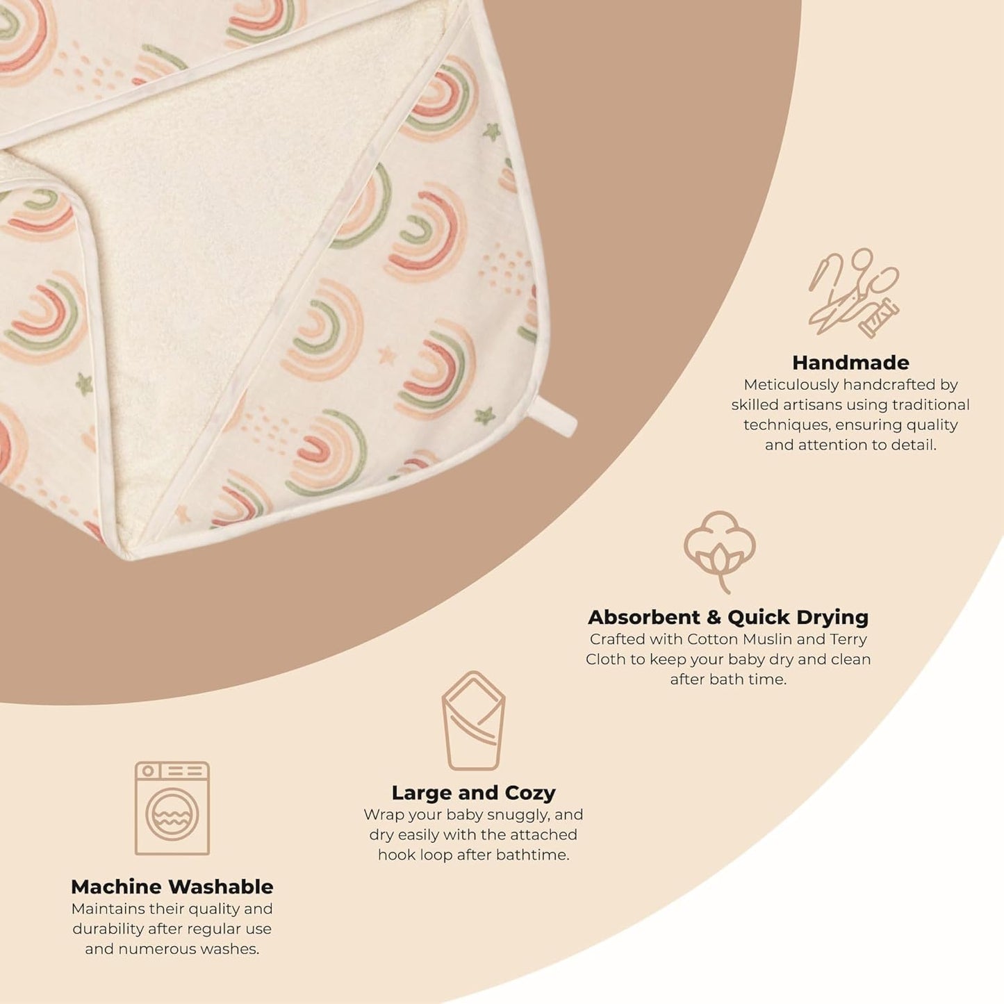 Crane Baby Hooded Towel, 100% Cotton & Terry Cloth Hooded Baby Towels for Boys & Girls, Boho Rainbow, 30" w x 30" h, Hooded Baby Beach Towel, Baby Pool Towel, Baby Bath Towel, Hooded Towels for Baby