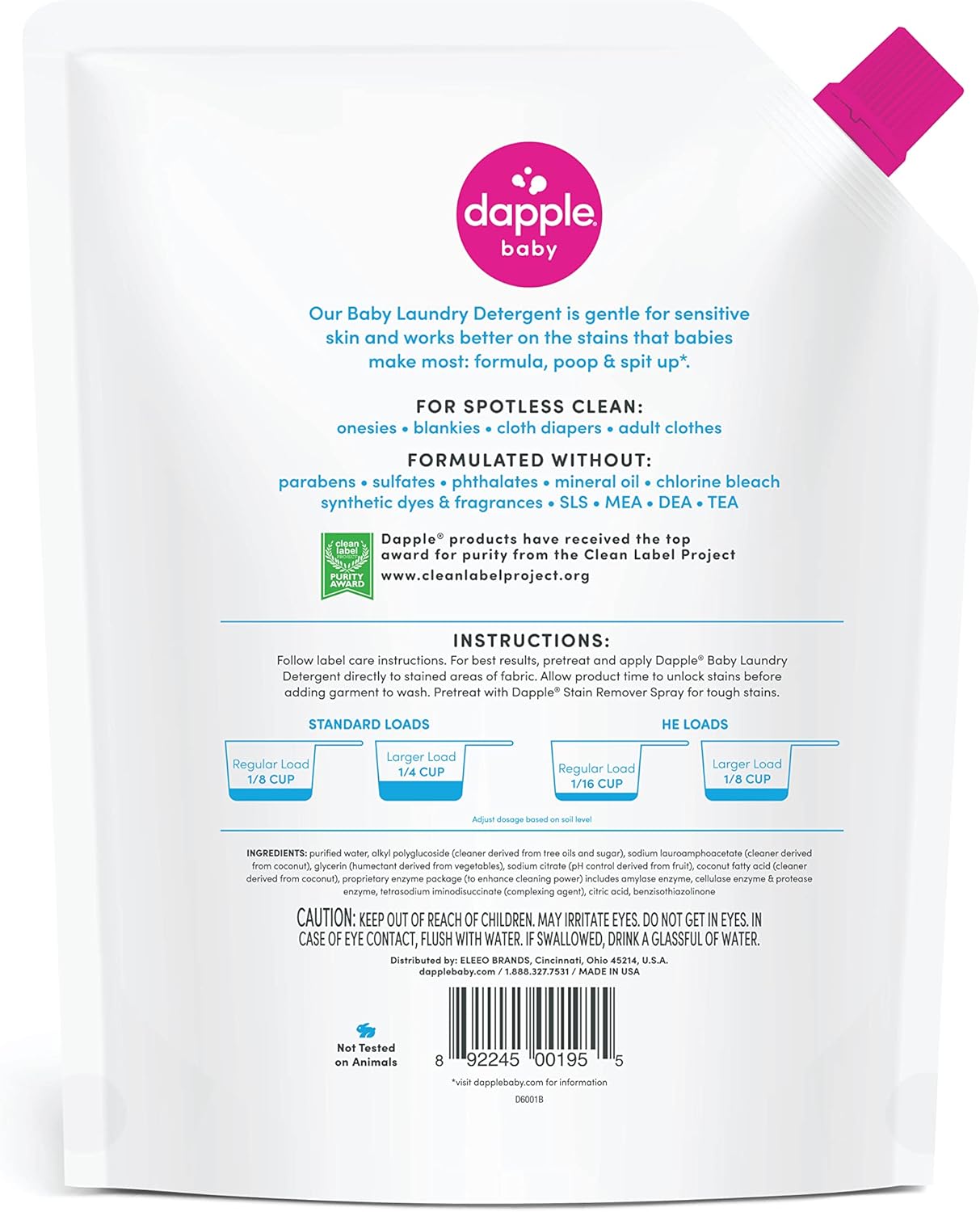 Dapple Baby Laundry Detergent, Powered by Plants, Concentrated, Hypoallergenic, Fragrance Free, Eco-Friendly Pouch, Stain Remover, 34 Fl Oz (3 Pack)