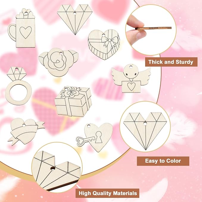54 pcs Mixed Styles Wedding Theme Unfinished Wooden Cutout Charms Ring Heart