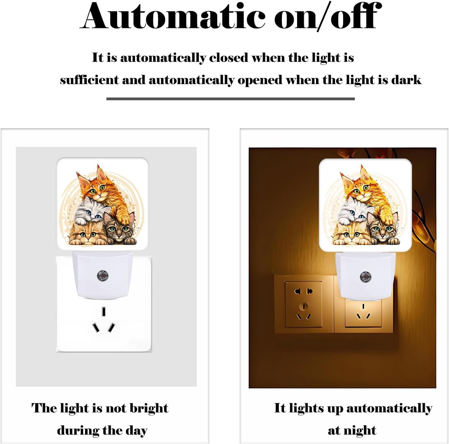 Colorful Cats Night Light,Plug-in Night Lights with Dusk to Dawn Sensor for Stairway,Hallway,Bedroom Sleep Friendly Ideal for Women/Girls/Boys Gift,0.5w