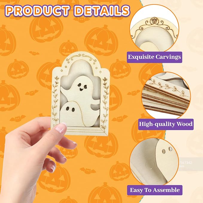12 Sets Halloween Crafts Kit, Wood Ghost DIY Frames Decoration, Unfinished