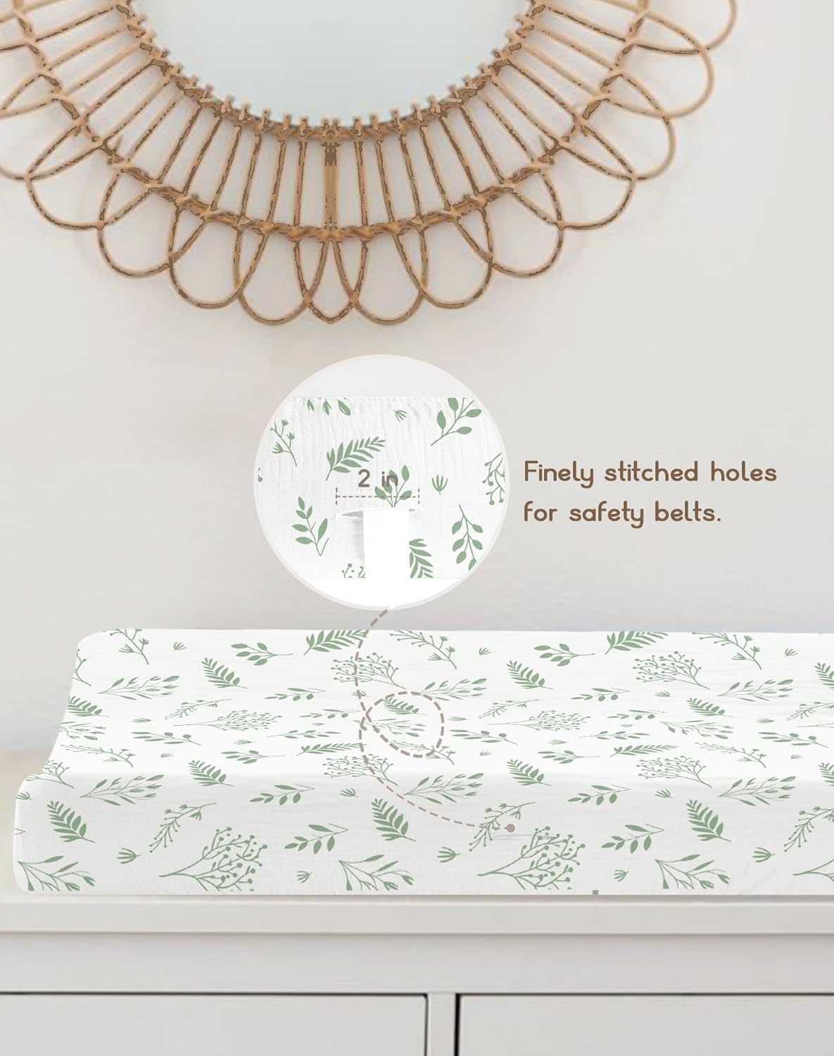 Changing Pad Cover for Baby Boy Girl 2 Pack, Muslin Changing Table Pad Covers with Boho Style, Neutral Nursery Bedding Essentials Soft and Breathable (Fern Leaf & Sage)