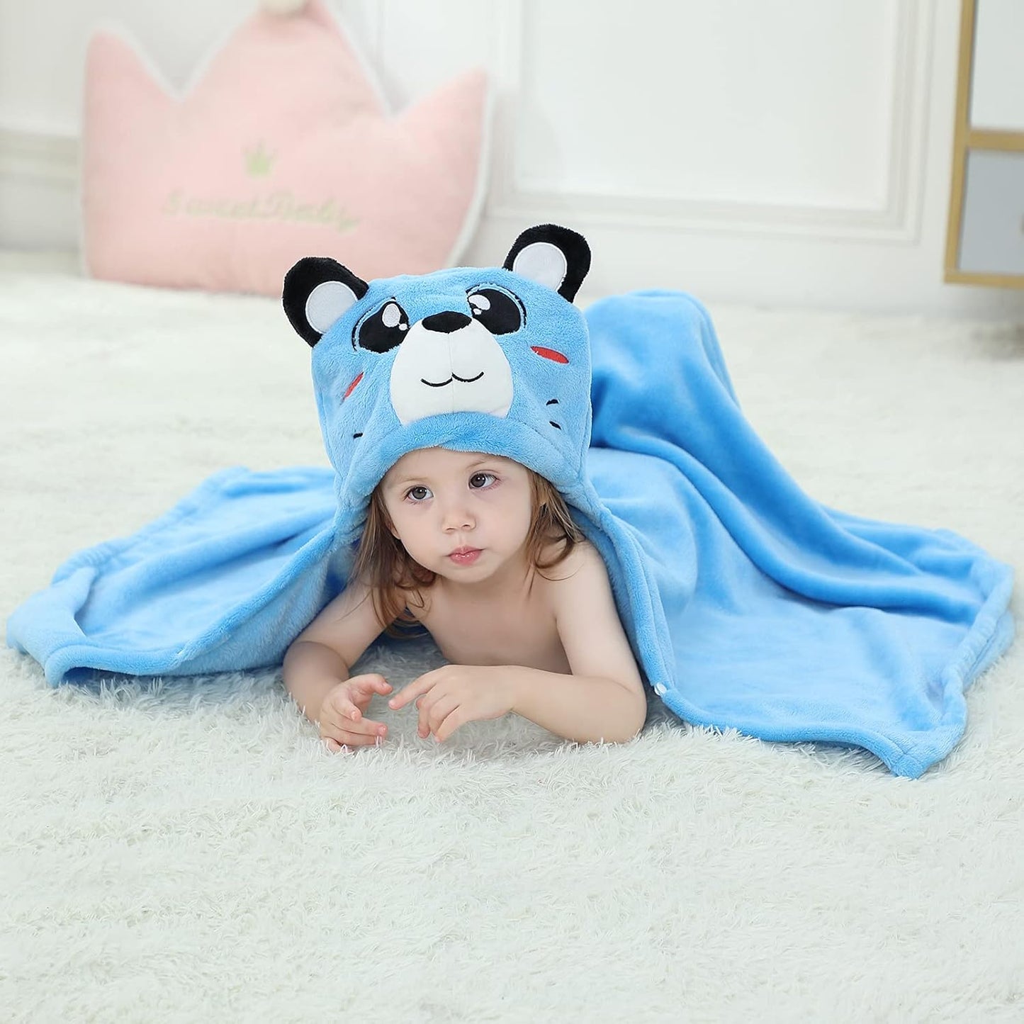 Wearable Blanket Hoodie for Kids Toddlers Hooded Towels Soft Cozy Flannel Wearable Throw Blanket Hoodie for Boys Girls Birthday Gifts (Blue Bear 50 * 40)