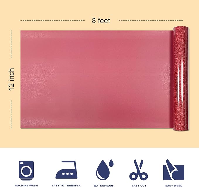Glitter Iron On 12in X 8ft, HTV Heat Transfer Vinyl | Glitter HTV Easy to Cut &