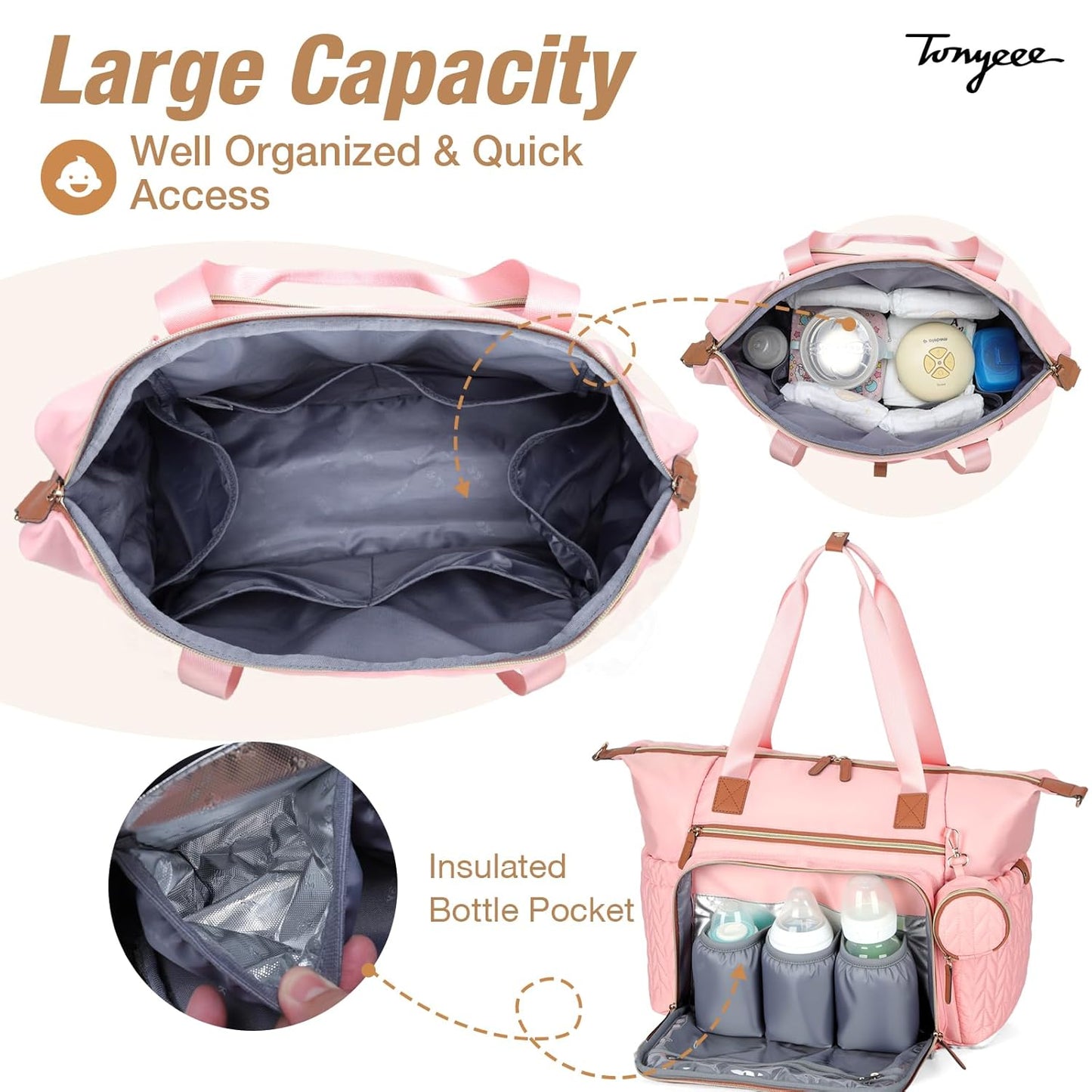 Diaper Bag Tote, Large Diaper Bags Waterproof, Hospital Bag for Labor Delivery, Baby Bag with Pacifier Case, Travel Diaper Tote with Changing Pad, Pink