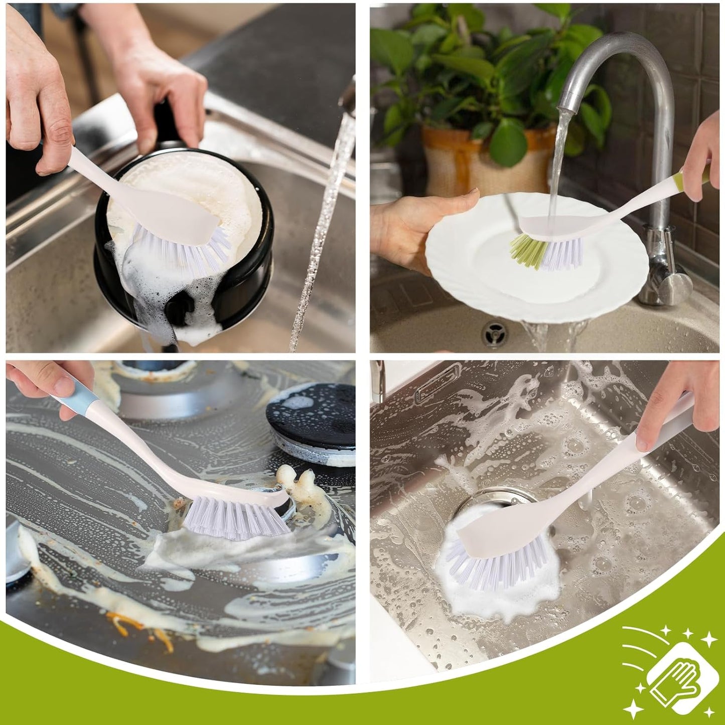 Dish Brush Scrub Brush with Handle - 3 Pack Stiff Bristles Dish Scrubber for Cleaning Dishes, Pots, Pans, Sink, Cast Iron - Hard Bristles,No Residue