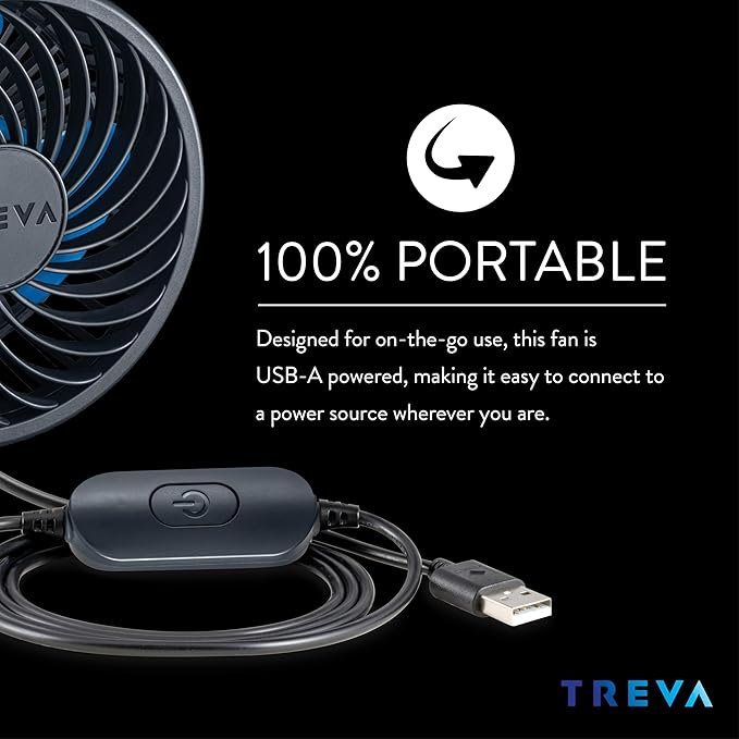 Treva 3.5 Inch USB Powered Fan with Suction Cup, 3 Speed Attachable Fan with Rotating Head for Car, Camping, Travel, Bedroom, Multi-Directional Rotating and Adjustable Head (Black)