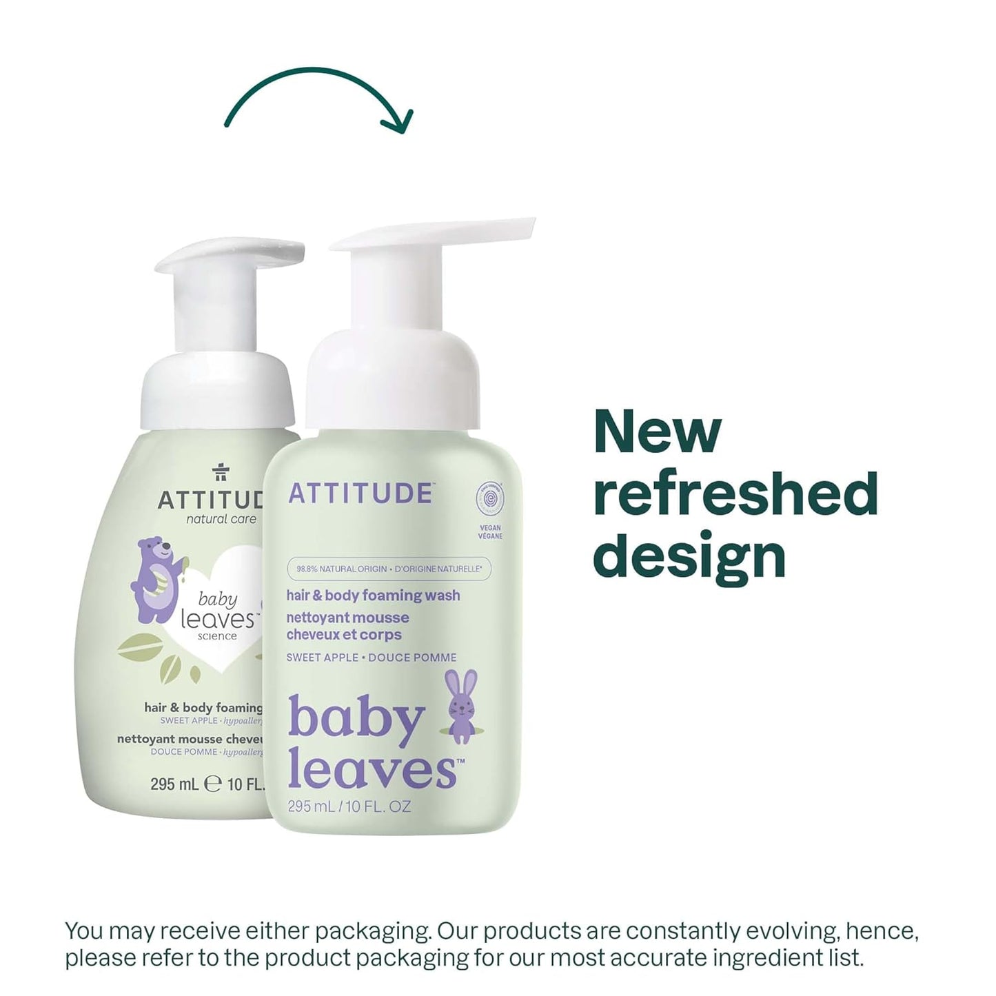 ATTITUDE 2-in-1 Hair and Body Foaming Baby Wash, EWG Verified Shampoo Soap, Dermatologically Tested, Made with Naturally Derived Ingredients, Vegan, Sweet Apple, 10 Fl Oz