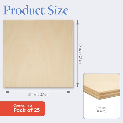 6 mm Baltic Birch Plywood 1/4 x 10 x 10 Inch, Box of 25 B/BB Grade Craft Wood