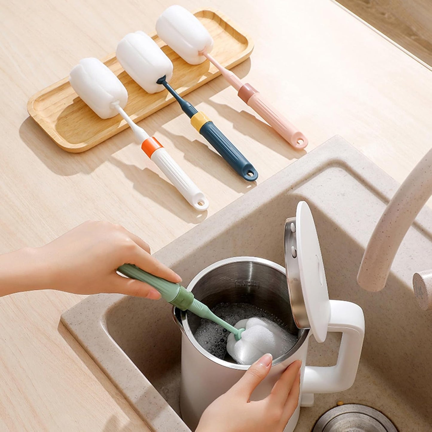 Dishwashing Foam Sponges Brush Telescopic Long Handle Scrubbing Brushes for Clean Dishes, Sinks ，Cookware，Coffee Glasses Pot Milk Cup Mugs Wine Bottle (4pcs+4straw Brush)