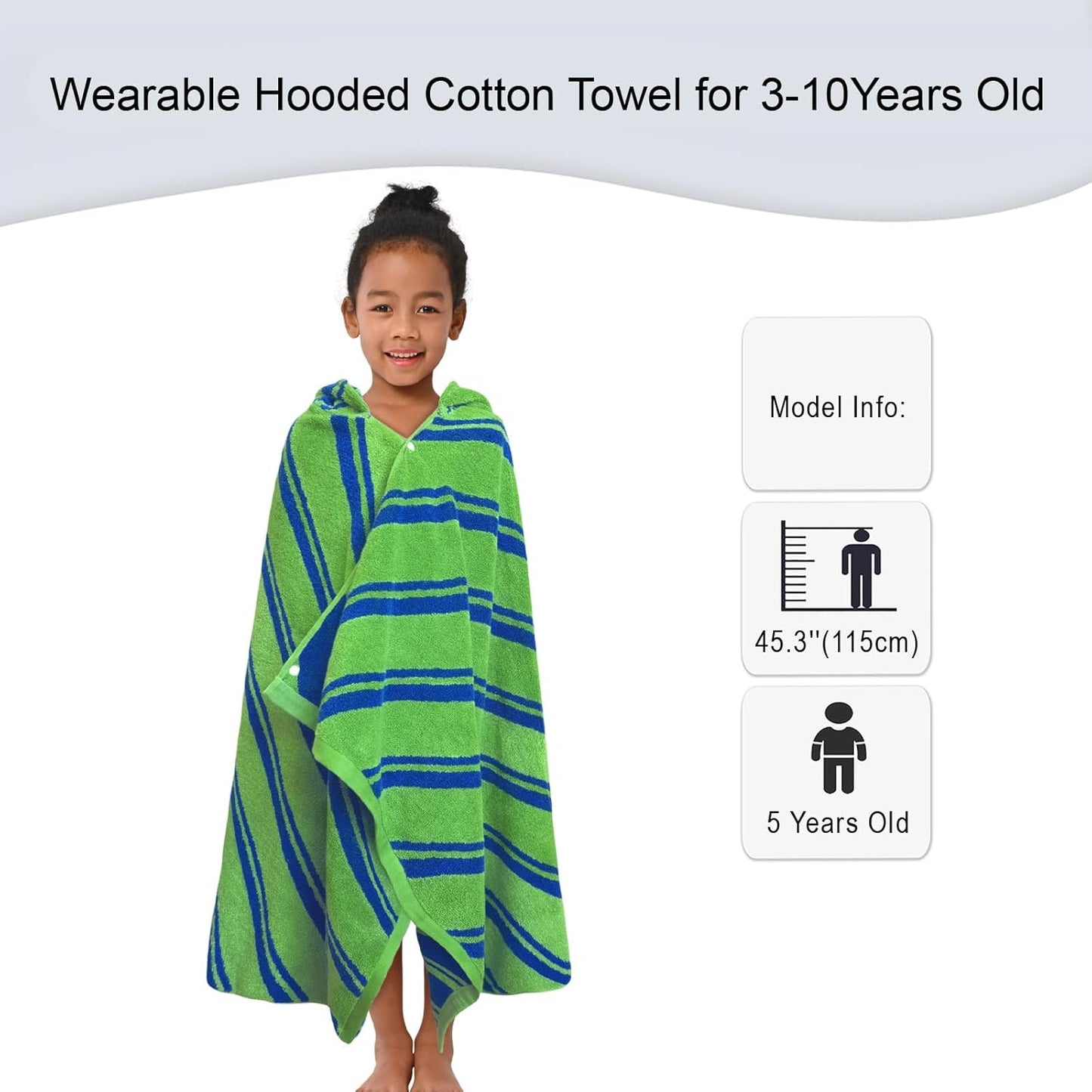 VOOVA & MOVAS Hooded Bath Towels for Kids (3-10Years,27.5"x55"),100% Cotton Absorbent Soft Towel Wrap for Toddler Boys,Perfect for Bathroom | Pool | Beach | Swimming, Jacquard Green Stripe