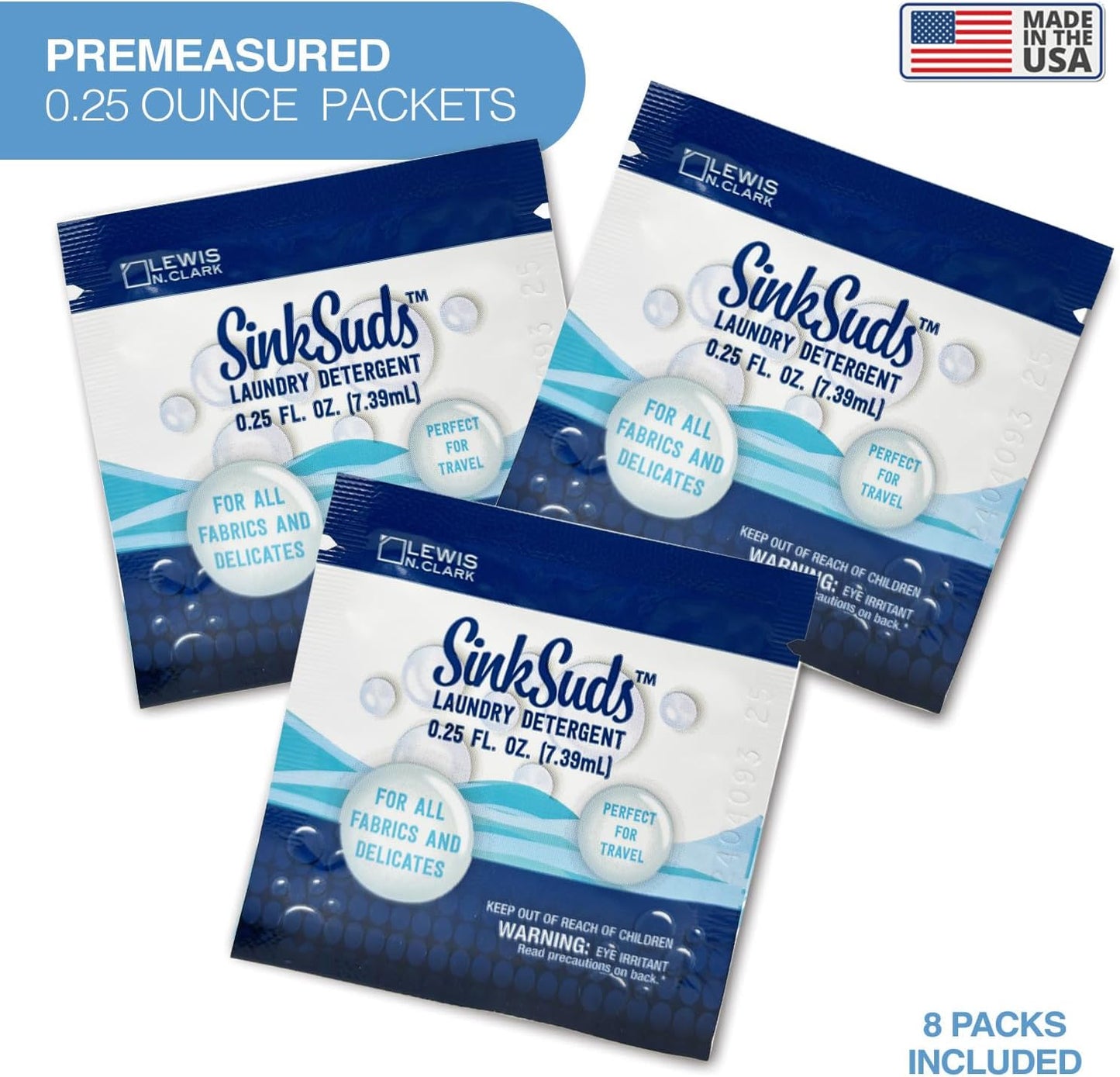 SinkSuds Laundry Detergent, Travel Size Liquid Soap, TSA Compliant, Safe For All Fabrics, 8 Packets (Packaging May Vary)
