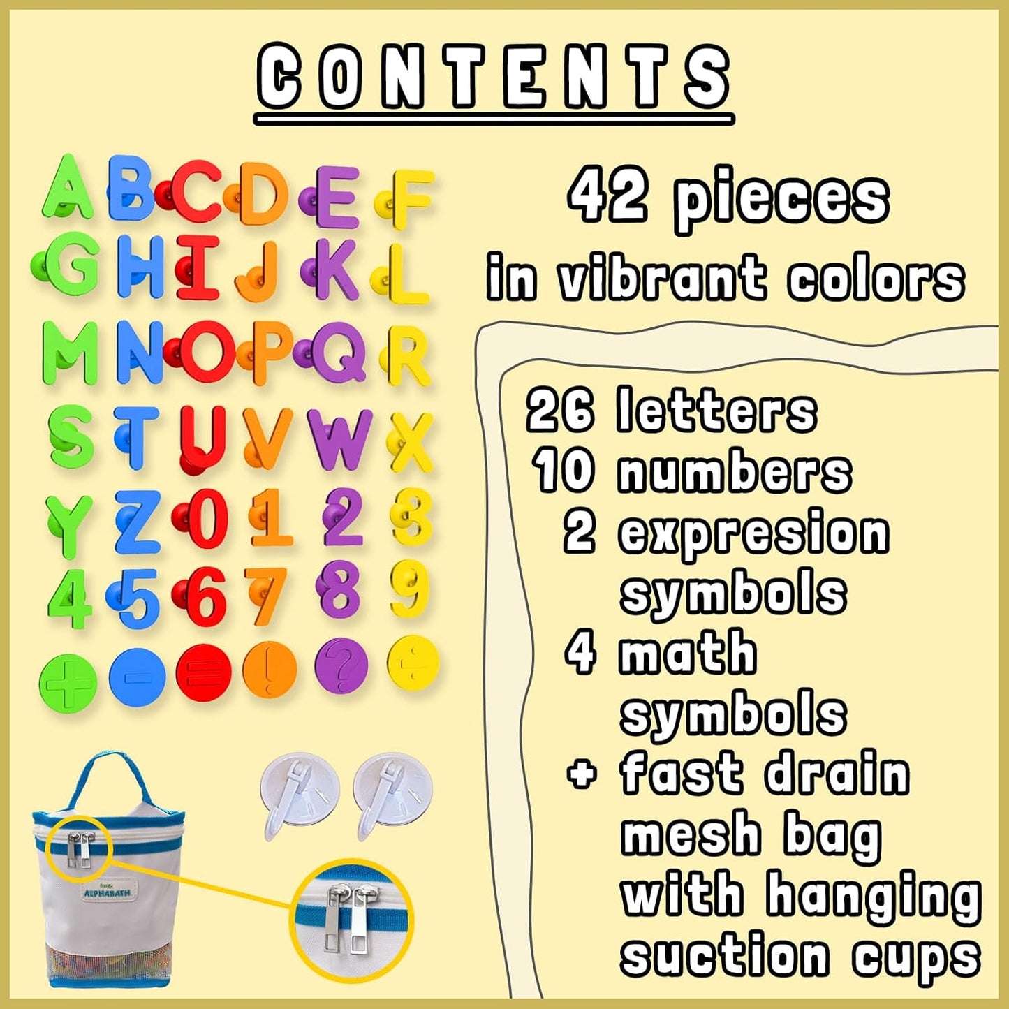 ALPHABATH Suction Bath Toys Alphabet Letters Numbers 42pcs Montessori Stimulating Autism Sensory No Mold Free Preschool Daycare Spelling Math Learn Build Connect Travel Kids Toddlers Ages 1 2 3 Years