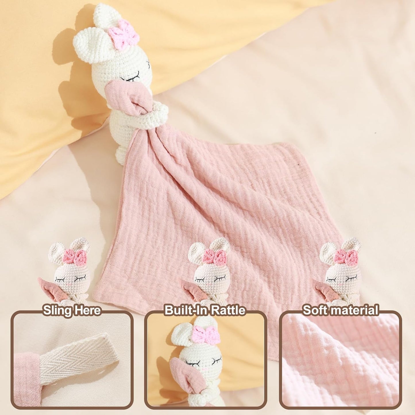 Plush Baby Rattle and Soft Doll Set – Handmade Crochet Toy Rattle for Newborns, Soft Plush Rabbit Rattle for Infants, Doll Blanket – Perfect First Toys for Baby Girl 0-6 Months
