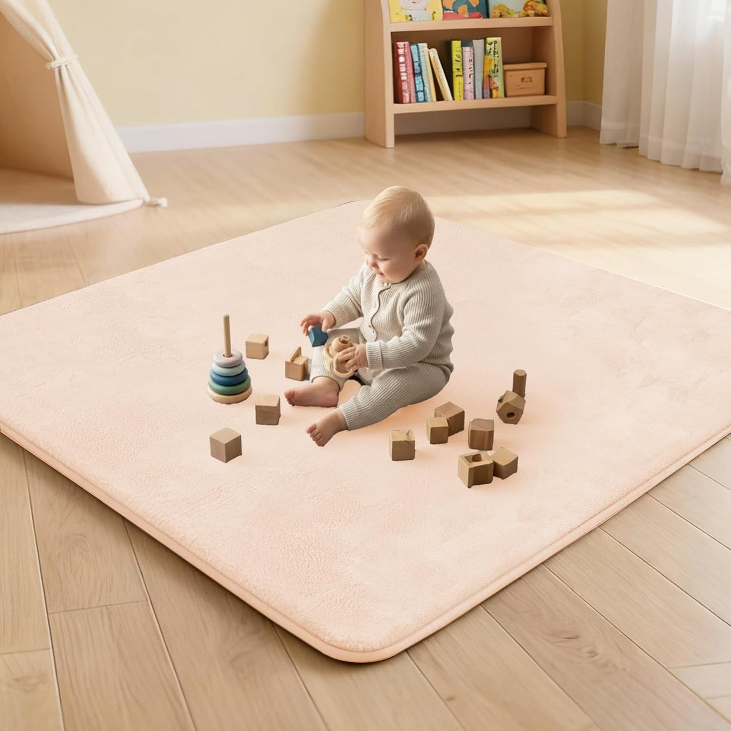 ACOMOPACK 1.3" Thick Baby Play Mat for Floor 50x50"-Memory Foam Water-Repellent Playpen Mat for Tummy Time,Non-Slip Soft Velvet Nursery Rug for Kids,Toddlers,Infants Crawling（Blush）