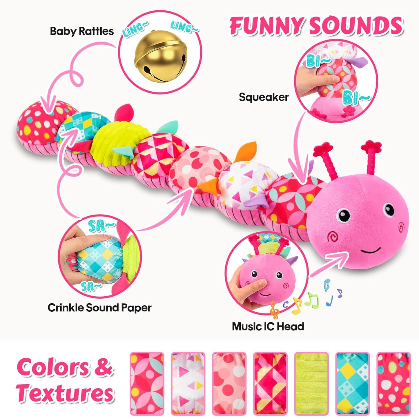 Baby Toys Musical Caterpillar, Infant Stuffed Animal for 0-6 6-12 Months with Crinkle and Rattles, Tummy Time Sensory Toys Newborn Boys Girls Gifts 0 3 6 9 12 Months - Pink