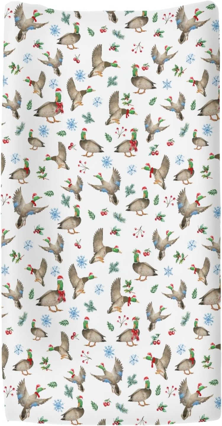 Christmas Mallard Ducks Changing Pad Covers for Baby Girl Boy Winter Green Ducks Fir Leaves Snowflakes Fitted Change Table Cover Mats Hunting Ducks Soft Diaper Changing Table Sheets 32''×16''
