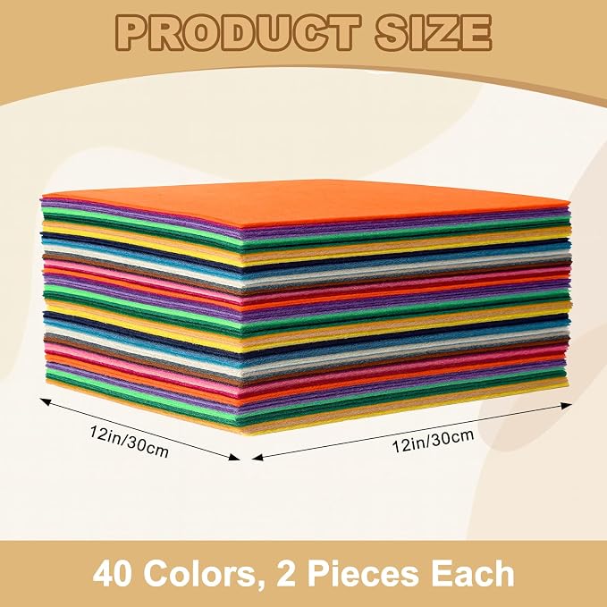 80PCS, 1mm Stiff Felt Fabric Sheets, 40 Assorted Colors, Felt Sheets