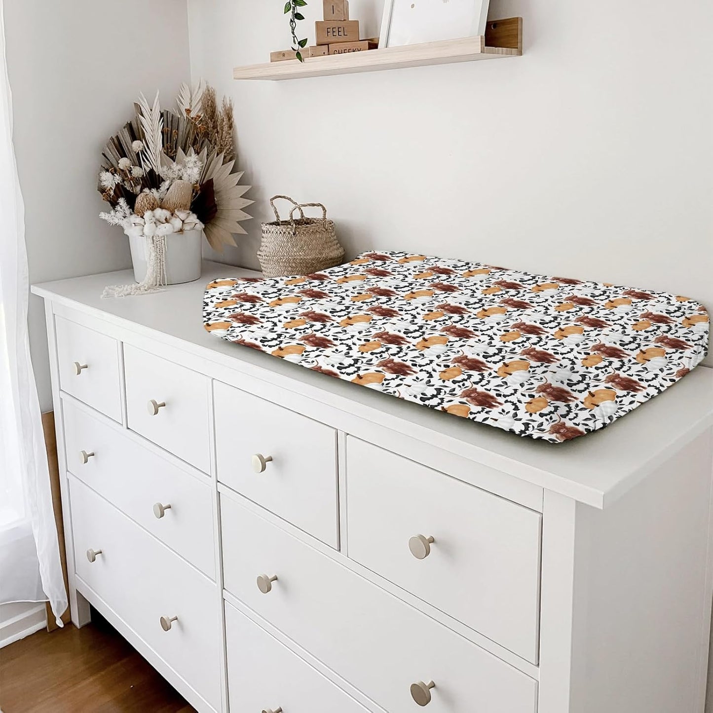 Highland Cows Pumpkin Leaves Baby Changing Pad Covers Highland Yak Halloween Bats Diaper Changing Table Sheets for Girl Boy Autumn Fall Soft Breathable Stretch Change Table Mats 32''x16''