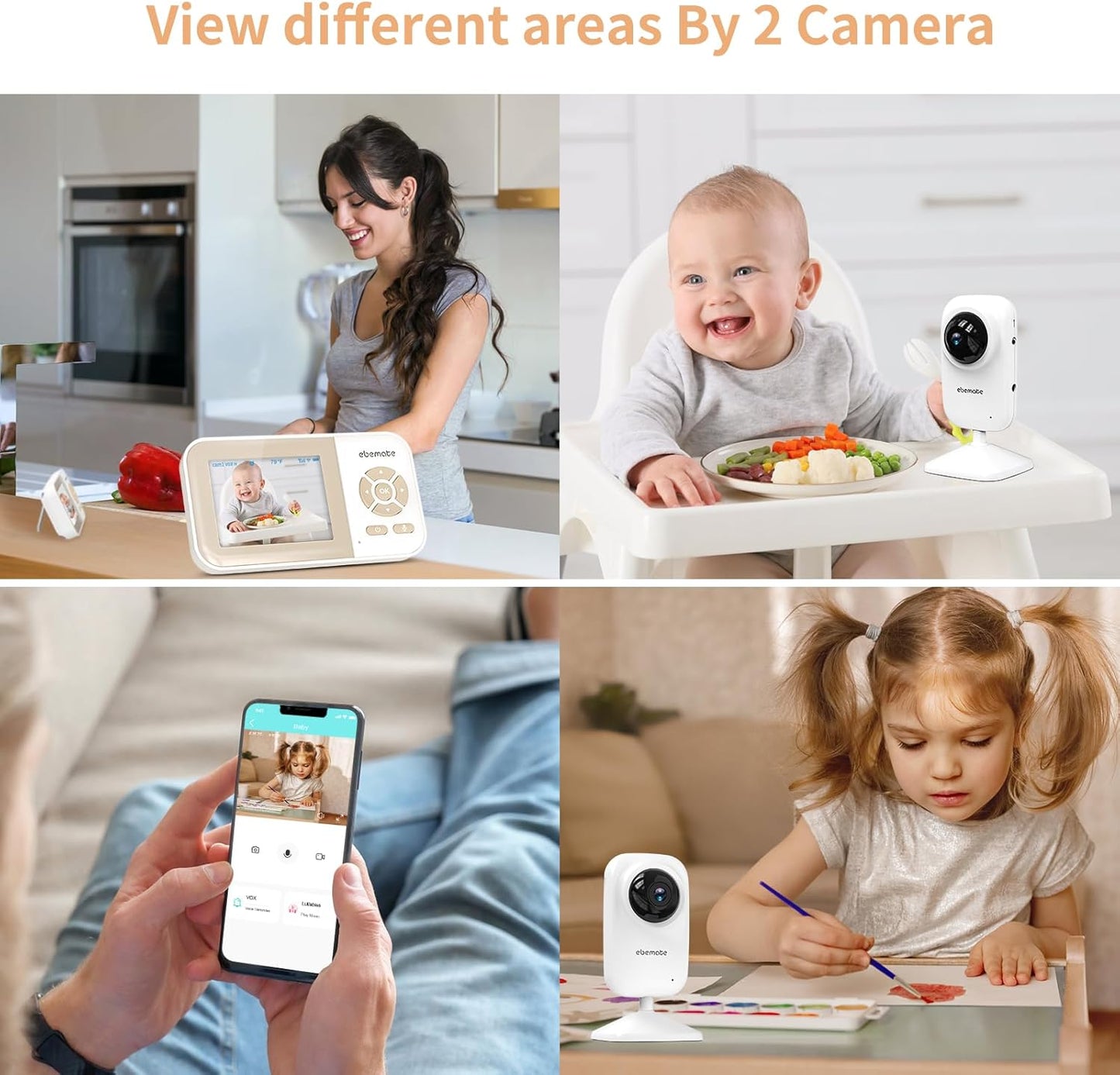 ebemate Video Baby Monitor with Two Camera, 2.8" LCD Screen with 2-Way Talk Cam Monitor and 5 Soothing Lullabies Baby Monitoring EB29-2