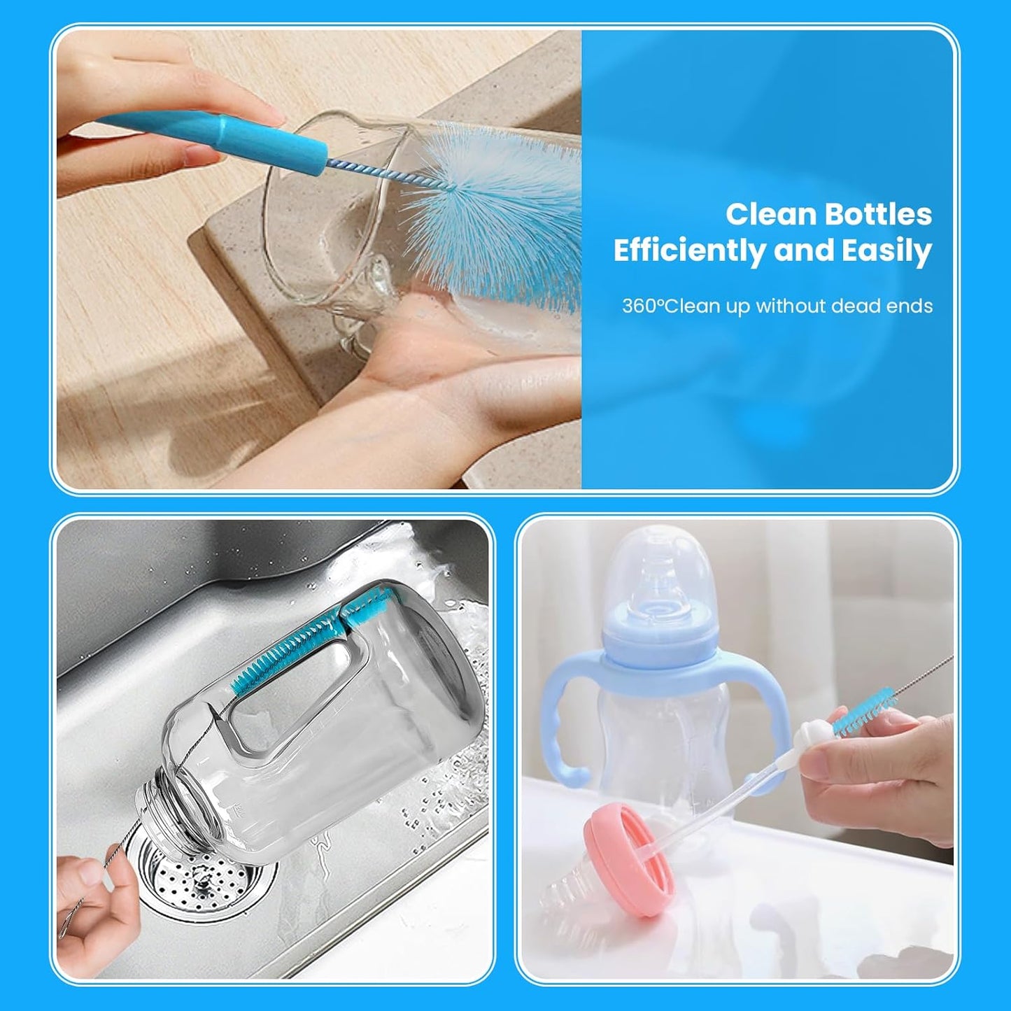 5 Pack Bottle Brush, Straw Cleaner Brush & Water Bottle Brush,15in Stainless Steel Brush, 3 Straw Brushes, 3-in-1 Bottle Cleaning Brush for Water Bottle, Coffee Mugs, Straws-Blue