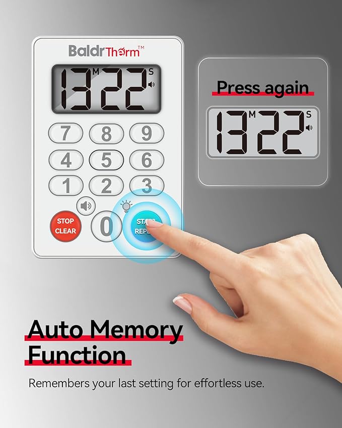 BaldrTherm Digital Kitchen Timer, Magnetic Waterproof Countdown Timer for Cooking, Shower, Workout, Classroom, Hair Color Processing, White.
